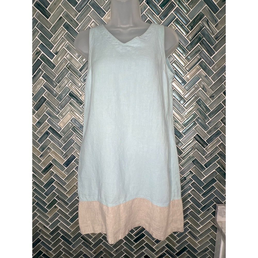 WOMENS iLINEN XS LIGHT BLUE TAN COLORBLOCK SLEEVELESS LINEN SHIFT‎ DRESS POCKETS